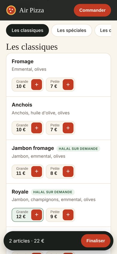 Le site Air Pizza sur téléphone, avec la carte et le bouton Finaliser